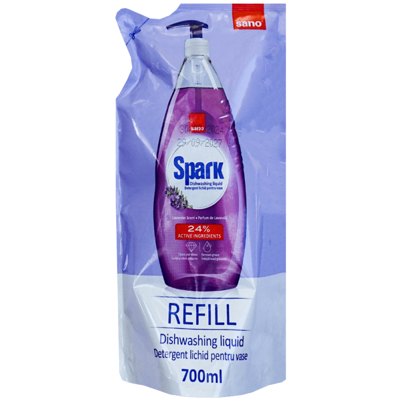 Detergent lichid, rezervă, pentru vase Sano Spark lavandă, 700 ml